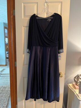 Alex Evenings Navy Blue Long-Sleeve Evening Gown with Beaded Cuffs